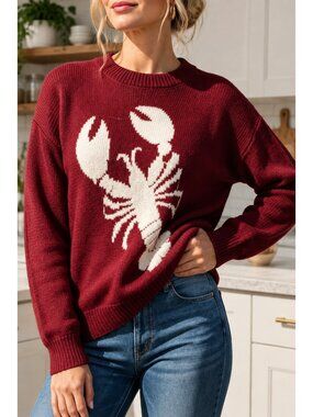Lobster Graphic Knit Sweater Crew Neck Nautical Long Sleeve Coastal Pullover Top